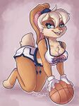  2020 accessory all_fours anthro ball bangs basketball_(ball) basketball_uniform blonde_hair bottomwear bouncing_breasts breast_squish breasts brown_body brown_fur buckteeth butt clothed clothing crop_top digital_media_(artwork) eyelashes feet female fur gloves green_eyes hair hair_accessory hairband handwear hi_res kneeling lagomorph legwear leporid lola_bunny looking_at_viewer looney_tunes mammal midriff multicolored_body nipple_outline open_mouth ponytail_ears presenting rabbit scut_tail shirt short_tail shorts simple_background smile solo space_jam sportswear squish tail teeth thehiggles toes tongue toony topwear tunesquad two_tone_body uniform warner_brothers white_clothing white_gloves white_handwear 