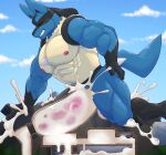  absurd_res anthro balls big_penis blue_body blue_fur blush bodily_fluids canid canine clenched_teeth croiyan crush cum cum_inside destruction erection excessive_cum excessive_genital_fluids exercise eyes_closed facility flooding fur generation_4_pokemon genital_fluids genitals hi_res lucario macro male mammal mountain muscular muscular_male nintendo nude orgasm penetration penile penis penis_milking pokemon pokemon_(species) precum push-up solo spines teeth volcano 