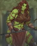  2023 abs batako black_sclera breasts brown_hair clothed clothing deltoids female green_body green_skin hair hi_res humanoid humanoid_pointy_ears muscular muscular_female not_furry orc scar solo tusks yellow_eyes 