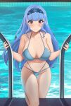  1girl armpit_crease bare_shoulders bikini blue_bikini blue_hair blush breasts brown_eyes camilitrox_cr cleavage collarbone english_commentary eyelashes fire_emblem fire_emblem:_three_houses highres large_breasts long_hair looking_at_viewer marianne_von_edmund navel pool smile solo swimsuit water 