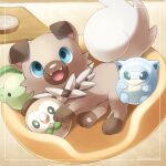  alolan_sandshrew blue_eyes bowl fangs fluffy highres indoors looking_at_viewer lying no_humans on_side open_mouth pet_bed pet_bowl pokemon pokemon_(creature) rockruff rowlet sasabunecafe smile stuffed_toy tail twitter_username 