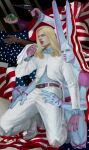  american_flag ball belt blonde_hair blue_eyes coat commentary danart14020 dirty_deeds_done_dirt_cheap funny_valentine gloves gun gyro_zeppeli highres historical_american_flag holding holding_ball holding_gun holding_weapon jojo_no_kimyou_na_bouken long_hair long_sleeves looking_to_the_side male_focus open_mouth pants realistic shirt stand_(jojo) steel_ball steel_ball_run weapon 
