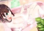  1girl bare_legs bath bathing bathroom bathtub blush breasts brown_hair completely_nude convenient_censoring green_eyes hanamori_healthy indie_virtual_youtuber large_breasts legs lying melty+ nude partially_submerged sch smile steam steam_censor virtual_youtuber water wet 