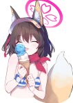  1girl ^_^ absurdres animal_ear_fluff animal_ears bikini blue_archive breasts brown_hair closed_eyes commentary_request food fox_ears fox_girl fox_tail halo highres ice_cream izuna_(blue_archive) izuna_(swimsuit)_(blue_archive) licking official_alternate_costume red_halo red_scarf scarf short_hair simple_background small_breasts solo striped striped_bikini sutora_binsuke swimsuit tail tongue tongue_out upper_body visor_cap white_background 