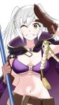  1girl belt bikini breasts brown_belt brown_eyes brown_gloves cleavage fire_emblem fire_emblem_awakening fire_emblem_heroes gloves highres holding holding_polearm holding_weapon jacket jacket_on_shoulders long_hair looking_at_viewer navel o-ring o-ring_bikini official_alternate_costume ondur7538315 one_eye_closed polearm robin_(female)_(fire_emblem) robin_(female)_(summer)_(fire_emblem) robin_(fire_emblem) smile swimsuit twintails weapon white_background white_hair 