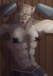  absurd_res anthro canid canine canis chest_tuft cuff_(restraint) fan_character hi_res humanoid male mammal muscular nipples pubes restraints solo tuft wolf 