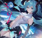  1girl 39 :o absurdres bare_shoulders black_sleeves black_thighhighs blue_eyes blue_hair blurry breasts center_opening detached_sleeves earth_(planet) floating_hair hair_ornament hatsune_miku hatsune_miku_(append) highres long_hair long_sleeves looking_at_viewer medium_breasts miku_day navel necktie parted_lips planet shanguier shirt sleeveless sleeveless_shirt solo stomach thighhighs thighs twintails very_long_hair vocaloid vocaloid_append white_shirt 