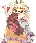  1boy animal_ear_fluff animal_ears animal_feet arm_support barefoot blonde_hair blush fangs feet foot_focus fox_boy fox_ears fox_tail green_eyes grey_shirt grey_skirt heart highres leaning_back legs legs_up looking_at_viewer naughty_face open_mouth original otoko_no_ko pawpads pleated_skirt ribbon school_uniform serafuku shirt short_hair sitting skirt smile solo spoken_heart tail thighs two_side_up yuuki_(yuyuki000) 