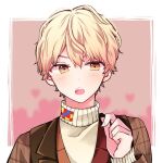  1boy blonde_hair commentary_request fingernails gradient_hair hands_up lapels long_sleeves male_focus multicolored_hair notched_lapels open_mouth orange_eyes orange_hair project_sekai runemeilove short_hair solo sweater teeth tenma_tsukasa turtleneck turtleneck_sweater upper_body upper_teeth_only wavy_hair zozotown 