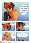  2017 anthro aoizuri blush bodily_fluids business_suit canid canine canis clothing comic comic_panel dialogue digital_drawing_(artwork) digital_media_(artwork) domestic_dog duo english_text eyewear floppy_ears fur girly glasses hi_res male male_(lore) mammal necktie nervous open_mouth open_smile purple_eyes size_difference smile speech_bubble suit sweat talking_to_another tan_body tan_fur text 