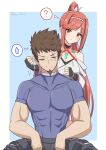  1boy 1girl ? absurdres black_gloves blurry blurry_background blush breasts cleavage criss-cross_halter detached_sleeves facial_hair father_and_daughter fingerless_gloves glimmer_(xenoblade) gloves halterneck high_ponytail highres muscular muscular_male pants red_eyes red_hair rex_(xenoblade) ryochan96154 scar scar_across_eye short_sleeves speech_bubble spoken_sweatdrop strong sweatdrop swept_bangs xenoblade_chronicles_(series) xenoblade_chronicles_3 