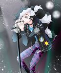  1boy black_hair black_jacket blue_shirt closed_eyes dabu_(dabuchan) earpiece eyeshadow feet_out_of_frame highres jacket long_hair makeup male_focus microphone_stand multicolored_hair music nail_polish official_alternate_costume pants pendant_choker piers_(pokemon) piers_(sygna_suit)_(pokemon) plaid plaid_pants pokemon pokemon_(game) pokemon_masters_ex shirt singing solo sparkle sweat two-tone_hair 