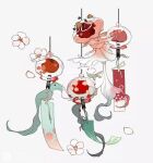  bow cherry_blossoms flower lantern leaf maobing_maobing no_humans object_focus original petals polka_dot sample_watermark snow_print still_life string tanzaku watermark white_background white_bow white_flower 