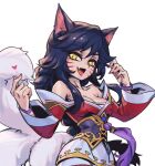  1girl :d ahri_(league_of_legends) animal_ears bare_shoulders black_hair braid breasts cleavage facial_mark fang finger_heart fox_ears fox_tail hands_up korean_clothes kumiho large_breasts league_of_legends long_hair looking_at_viewer multiple_tails open_mouth phantom_ix_row shiny_skin slit_pupils smile solo tail whisker_markings yellow_eyes 