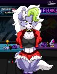  absurd_res anthro arcade_machine armwear big_breasts bottomwear breasts canid canine canis cheek_tuft clothing collar detailed_background dipstick_tail ear_piercing ear_ring eyebrows eyelashes facial_tuft female five_nights_at_freddy&#039;s five_nights_at_freddy&#039;s:_security_breach green_highlights hair hands_behind_head hi_res highlights_(coloring) mammal markings navel pattern_armwear pattern_clothing piercing purple_armwear purple_clothing red_bottomwear red_clothing red_topwear reymonrr ring_piercing roxanne_wolf_(fnaf) scottgames solo steel_wool_studios studded_belt studded_collar tail tail_markings topwear tuft white_hair wide_hips wolf yellow_eyes 