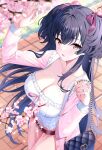  1girl bag black_hair breasts cherry_blossoms cleavage commentary_request hair_between_eyes hair_ribbon highres idolmaster idolmaster_shiny_colors large_breasts long_hair long_sleeves looking_at_viewer mayuzumi_fuyuko petals ribbon shoulder_bag solo sutoroa two_side_up yellow_eyes 