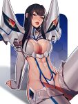  1girl abs arm_support armor black_hair blue_eyes breasts garter_straps hair_intakes highres inhoso kill_la_kill kiryuuin_satsuki large_breasts lips long_hair looking_at_viewer navel parted_lips pauldrons shoulder_armor sidelocks sitting skindentation solo thick_eyebrows thighhighs 
