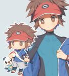  1boy blue_jacket bodysuit bodysuit_under_clothes bright_pupils brown_eyes brown_hair chibi closed_mouth commentary_request covered_collarbone grey_background grey_shorts holding holding_poke_ball jacket looking_down male_focus multiple_views nate_(pokemon) off_shoulder open_clothes open_jacket oshawott outline poke_ball poke_ball_(basic) pokemon pokemon_(creature) pokemon_(game) pokemon_bw2 red_headwear shoes short_hair shorts visor_cap white_pupils wusagi2 xtransceiver 