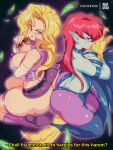  1980s_(style) 2girls ass blonde_hair bluethebone breasts card duel_monster green_eyes harpie_lady harpie_lady_1 harpy highres holding holding_card kujaku_mai large_breasts long_hair monster_girl multiple_girls pointy_ears red_hair retro_artstyle yu-gi-oh! yu-gi-oh!_duel_monsters 