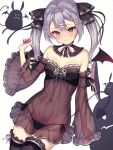  1girl bare_shoulders black_panties black_thighhighs blush breasts closed_mouth commentary_request demon_girl demon_tail demon_wings detached_sleeves dress grey_hair hair_ornament hairclip hand_up long_sleeves mini_wings navel original panties red_eyes red_wings ryuinu see-through see-through_sleeves side-tie_panties simple_background small_breasts solo strapless strapless_dress tail thighhighs twintails underwear white_background wide_sleeves wings x_hair_ornament 