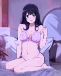  1girl :d bed_sheet black_hair blurry blurry_background bra breasts commentary hibike!_euphonium highres kousaka_reina medium_breasts navel panties pillow pink_bra pink_panties pulled_by_self purple_eyes sbel02 sitting smile solo stomach strap_pull symbol-only_commentary thighs underwear underwear_only wariza 