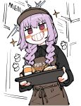 1girl alternate_costume apron atsuko&#039;s_grin_(meme) atsuko_(blue_archive) bent_v blue_archive blue_hair braid brown_apron food halo hat highres holding holding_tray low_twin_braids meme mom&#039;s_touch smile sparkle tray twin_braids upper_body wujurana 