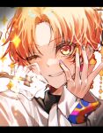  1boy commentary crown ear_piercing fingernails hand_on_own_face hand_up hello_good_day!_(project_sekai) highres jewelry jiri_(jirijiri_418) letterboxed looking_at_viewer male_focus official_alternate_costume official_alternate_hairstyle one_eye_closed orange_eyes orange_hair piercing project_sekai purple_nails ring short_hair smile solo teeth tenma_tsukasa yellow_nails 