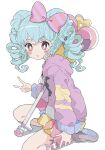  1girl absurdres blue_hair bow bright_pupils full_body hair_bow heart highres holding holding_phone hood hood_down hoodie idol_land_pripara katasumi_amari key long_hair long_sleeves looking_at_viewer multicolored_clothes multicolored_skirt open_mouth phone pink_bow pink_eyes pink_footwear pretty_series pripara purple_hoodie ranirani_(syohousen8) shoe_soles shoes simple_background sitting skirt solo twintails v white_background white_pupils 