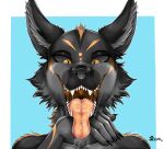  2021 anthro bodily_fluids canid canine canis claws drooling ears_up fan_character fangs female fur hand_under_chin headshot_portrait inner_ear_fluff looking_at_viewer mammal marcushunter mouth_shot open_mouth portrait saliva saliva_on_tongue saliva_string signature smile smiling_at_viewer solo teeth tongue tongue_out tuft wolf 