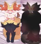  2girls :&lt; absurdres animal_ear_fluff animal_ears animal_feet animal_hands animal_nose artist_logo bed_sheet black_fur blush body_fur braixen breasts bright_pupils censored claw_pose claws closed_mouth commentary commission commissioner_name completely_nude dakimakura_(medium) delphox embarrassed english_commentary fang fang_out fox_ears fox_girl fox_tail from_above full_body furry furry_female half-closed_eyes hand_on_own_stomach hand_up hands_up highres large_breasts legs looking_at_viewer lying multicolored_fur multiple_girls navel neck_fur nose_blush nude nyaswitchnya on_back open_mouth pokemon pokemon_(creature) raised_eyebrows red_eyes red_fur signature snout split_mouth stick stomach straight-on tail thick_thighs thighs white_fur white_pupils wide_hips yellow_fur 