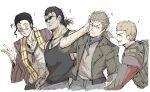  4boys armored_core armored_core_6 black_hair brown_eyes brown_hair closed_eyes g3_wu_huahai g4_volta g5_iguazu_(armored_core_6) g6_red jacket kankan33333 male_focus multiple_boys oekaki smile tank_top tattoo white_background 