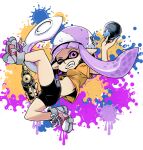  1girl ass bike_shorts black_shorts breasts burst_bomb_(splatoon) fangs grin helmet highres holding inkling inkling_girl light_purple_hair lips long_hair muramasa_mikado one_eye_closed orange_shirt paint_splatter pink_footwear pink_lips pointy_ears purple_eyes shirt shoes short_sleeves shorts small_breasts smile sneakers solo splash-o-matic_(splatoon) splatoon_(series) splatoon_3 suction_cups tentacle_hair two-tone_footwear water_balloon white_footwear 