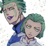  2boys age_comparison cioccolata commentary_request dreadlocks dual_persona earrings facial_mark forehead_mark giga_omega green_eyes green_hair grin jewelry jojo_no_kimyou_na_bouken male_focus multiple_boys purple_eyes smile turtleneck twitter_username vento_aureo 