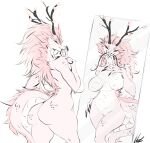  anthro antlers breasts dragon dullvivid eastern_dragon fangs female hair half-closed_eyes hi_res horn mane mane_hair mirror mirror_reflection narrowed_eyes pink_body pink_hair pink_scales reflection scales simple_background smile smirk smug smug_face smug_grin solo teeth whiskers white_background white_body white_scales 