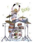  1boy arms_up bandana bandana_around_arm black_gloves blonde_hair chainsaw chainsaw_man character_name collar drum drum_set drumsticks emzok fingerless_gloves gloves highres holding holding_drumsticks instrument keychain leg_up looking_at_viewer mitaka_asa monsterification nayuta_(chainsaw_man) one_eye_closed open_mouth pochita_(chainsaw_man) sharp_teeth shirt short_hair simple_background smile solo spiked_collar spikes teeth torn_clothes white_background white_shirt yoru_(chainsaw_man) 