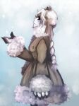  1girl animal_ears animal_hands artist_name bear_ears black_sclera braid breasts brown_coat claws closed_mouth coat colored_sclera commentary english_commentary expressionless from_side fur-trimmed_coat fur-trimmed_sleeves fur_collar fur_trim furry furry_female hat highres ice_scream long_hair long_sleeves looking_up medium_breasts open_hand profile regaliafinale rocma_(ice_scream) simple_background sleeves_past_wrists snow snowing solo white_eyes white_fur white_hair 