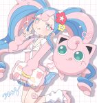  1girl blue_skirt bull_sprite_(pokemon) cardigan choker clefairy_sprite_(pokemon) fairy_miku_(project_voltage) fish_sprite_(pokemon) flower hair_flower hair_ornament hatsune_miku heart heart_choker highres jigglypuff leg_warmers long_hair long_sleeves multicolored_hair nail_polish ohirune_3h pink_cardigan pokemon pokemon_(creature) project_voltage scrunchie skirt twintails two-tone_hair very_long_hair vocaloid wrist_scrunchie 