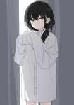 1girl bad_link black_hair buttons chorefuji closed_mouth collared_shirt commentary_request eyelashes grey_eyes hair_over_shoulder hands_up highres long_hair long_sleeves looking_at_viewer original oversized_clothes oversized_shirt shirt sidelocks sleeves_past_wrists solo white_shirt 