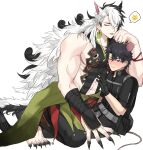  2boys animal_ears ashiya_douman_(fate) bead_bracelet beads black_footwear black_gloves black_hair black_pants black_shirt blue_eyes blush bracelet cat_ears cat_symbol cat_tail closed_eyes collarbone earrings fate/grand_order fate_(series) fingernails fujimaru_ritsuka_(male) gloves hair_between_eyes highres jewelry large_pectorals long_hair magatama magatama_earrings male_focus mouse_ears mouse_tail multicolored_hair multiple_boys muscular muscular_male one_eye_closed pants pectorals red_bracelet seum_(kao_husband) sharp_fingernails sharp_toenails shirt short_hair simple_background split-color_hair spoken_animal squatting sweatdrop tail toenails very_long_hair white_background white_hair 