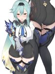  1girl annoyed arm_under_breasts between_legs black_gloves black_hairband blue_cape blue_gloves blue_hair blue_necktie blush boots breasts cape eula_(genshin_impact) genshin_impact gloves hair_ornament hairband hand_between_legs hand_on_own_arm heavy_breathing high-waist_shorts highres large_breasts long_sleeves lower_body medium_hair multiple_views necktie open_mouth puffy_long_sleeves puffy_sleeves shorts simple_background solo sweatdrop thigh_boots thighs two-tone_gloves vision_(genshin_impact) wararu_(user_uecx7457) white_background white_sleeves yellow_eyes 