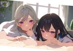  2girls black_hair blue_hair blush braid crossed_bangs crossed_fingers finger_gun finger_gun_to_head grey_hair hair_between_eyes ichinose_uruha komori_met long_hair looking_at_viewer lying medium_hair multicolored_hair multiple_girls on_bed on_stomach purple_eyes shirt short_sleeves side_braid sidelocks smile streaked_hair swept_bangs takusan_otb virtual_youtuber vspo! white_shirt 