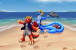  &gt;:) 2023 3_toes 4_fingers agender air_tank air_valve animate_inanimate anthro barbel_(anatomy) beach big_tail blue_body blue_clothing blue_eyes blue_shirt blue_topwear bottomwear cheek_frill claws clothing cooler darkoverord darkoverord_occassus detailed_background digital_media_(artwork) digitigrade dragon duo ear_frill eastern_dragon feet finger_claws fingers flesh_whiskers frill_(anatomy) grey_body grey_bottomwear grey_clothing grey_pupils grey_shorts grey_tongue hair handles handles_on_back handles_on_hips hi_res horn huge_tail inflatable living_inflatable looking_at_viewer male mane markings membrane_(anatomy) membranous_wings no_pupils open_mouth open_smile orange_hair orange_markings pupils red_body rigel_(darkoverord) scalie seaside shirt shorts smile spade_tail tail tan_claws tan_horn teeth toe_claws toes tongue topwear webbed_feet webbed_hands western_dragon wings yellow_frill 