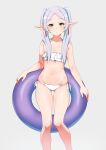  1girl ass_visible_through_thighs bare_shoulders bikini blush closed_mouth collarbone earrings elf frieren frilled_bikini frills green_eyes grey_hair halterneck highres holding holding_innertube innertube jewelry kamidan long_hair looking_at_viewer navel parted_bangs pointy_ears purple_innertube side-tie_bikini_bottom simple_background solo sousou_no_frieren stomach swimsuit twintails white_bikini 