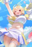  1girl ;d ? ahoge armband blonde_hair blue_archive blue_armband blue_sky blurry blurry_background blush breasts cameltoe cheerleader cloud commentary_request cowboy_shot crossed_bangs day dot_nose gloves hair_between_eyes hair_over_one_eye halo highres holding holding_pom_poms kanmuri_(kannmuri0227) kotori_(blue_archive) kotori_(cheer_squad)_(blue_archive) large_breasts long_hair looking_at_viewer millennium_cheerleader_outfit_(blue_archive) miniskirt muffin_top navel official_alternate_costume one_eye_closed open_mouth outdoors plump pom_pom_(cheerleading) red_eyes shadow short_twintails skirt sky smile solo stadium thighlet triangle_halo twintails white_gloves white_skirt wing_collar yellow_halo 