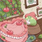  artist_name cake chibi food frog hat highres leaf munespice mushroom no_humans original picture_frame watermark 