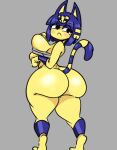  animal_crossing ankha_(animal_crossing) anthro big_breasts big_butt black_eyes blue_hair bottomless breasts butt clothed clothing crop_top domestic_cat felid feline felis female frown hair hi_res huge_breasts huge_butt inakotho1 looking_back mammal markings nintendo shirt solo striped_markings striped_tail stripes tail tail_markings thick_thighs topwear wide_hips yellow_body 