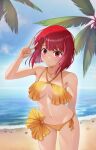  1girl absurdres arima_kana bare_arms bare_legs bare_shoulders beach bob_cut closed_mouth highres inverted_bob looking_at_viewer navel one-piece_swimsuit oshi_no_ko red_eyes red_hair sand short_hair solo swimsuit user_hzyc7324 v yellow_one-piece_swimsuit 