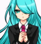  1girl aoi_shouko black_jacket blue_hair collared_shirt eyelashes fingernails fujiwhite182 green_eyes hair_over_one_eye jacket long_hair long_sleeves looking_at_viewer necktie own_hands_clasped own_hands_together parted_lips pink_necktie pop&#039;n_music shirt simple_background solo suit_jacket upper_body very_long_hair white_background white_shirt 
