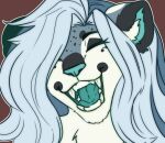  anthro blue_mouth blue_tongue fangs felid feline female fur hair happy laugh leopard mammal nikita_(arcticsnowfex) open_mouth pantherine sabertooth_(anatomy) simple_background smile snow_leopard solo spots sunny666 teeth tongue 