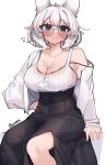  :3 absurdres auraaa blush breasts cleavage glasses highres large_breasts lorel_(auraaa) original pointy_ears sweat tank_top white_hair white_tank_top 